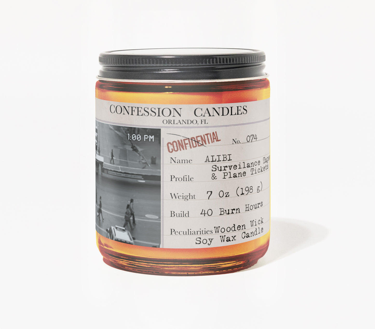 Alibi Candle Jar #074 | Confession Candles 7 oz Soy Wax Blend Candle | Surveillance Tape and Plane Tickets | True Crime Wood Wick Candle in a Brown Glass Jar | 40+ Burn Hours