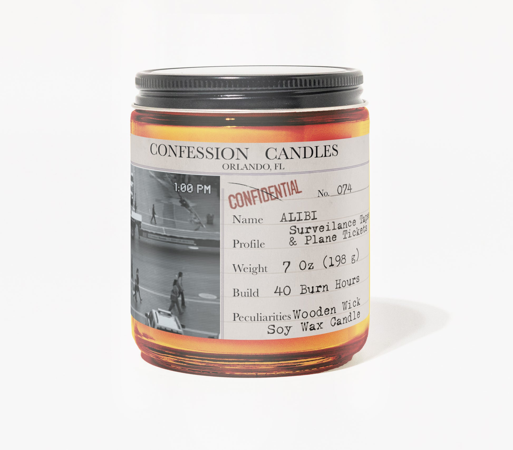 Alibi Candle Jar #074 | Confession Candles 7 oz Soy Wax Blend Candle | Surveillance Tape and Plane Tickets | True Crime Wood Wick Candle in a Brown Glass Jar | 40+ Burn Hours