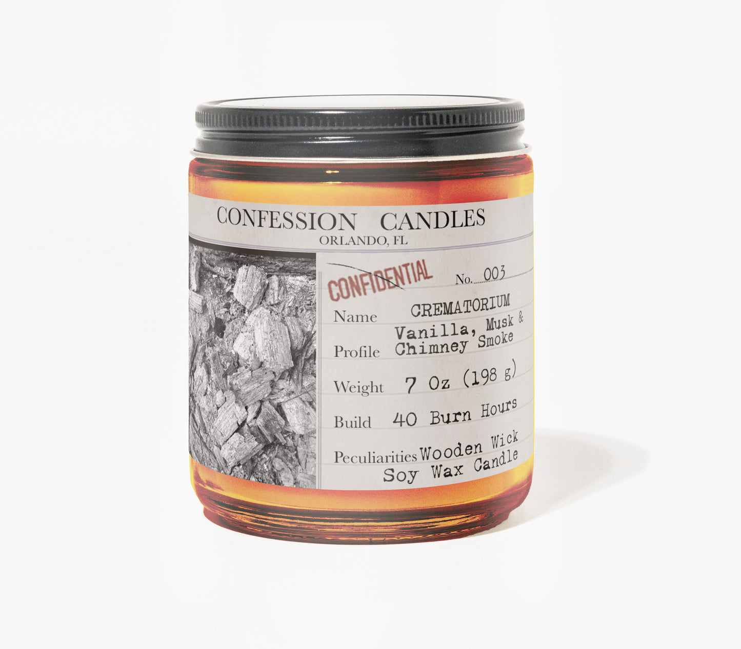 Crematorium Candle Jar # 003 | Confession Candles 7 oz Soy Wax Blend Candle | Vanilla, Musk and Chimney Smoke | True Crime Wood Wick Candle in a Brown Glass Jar | 40+ Burn Hours