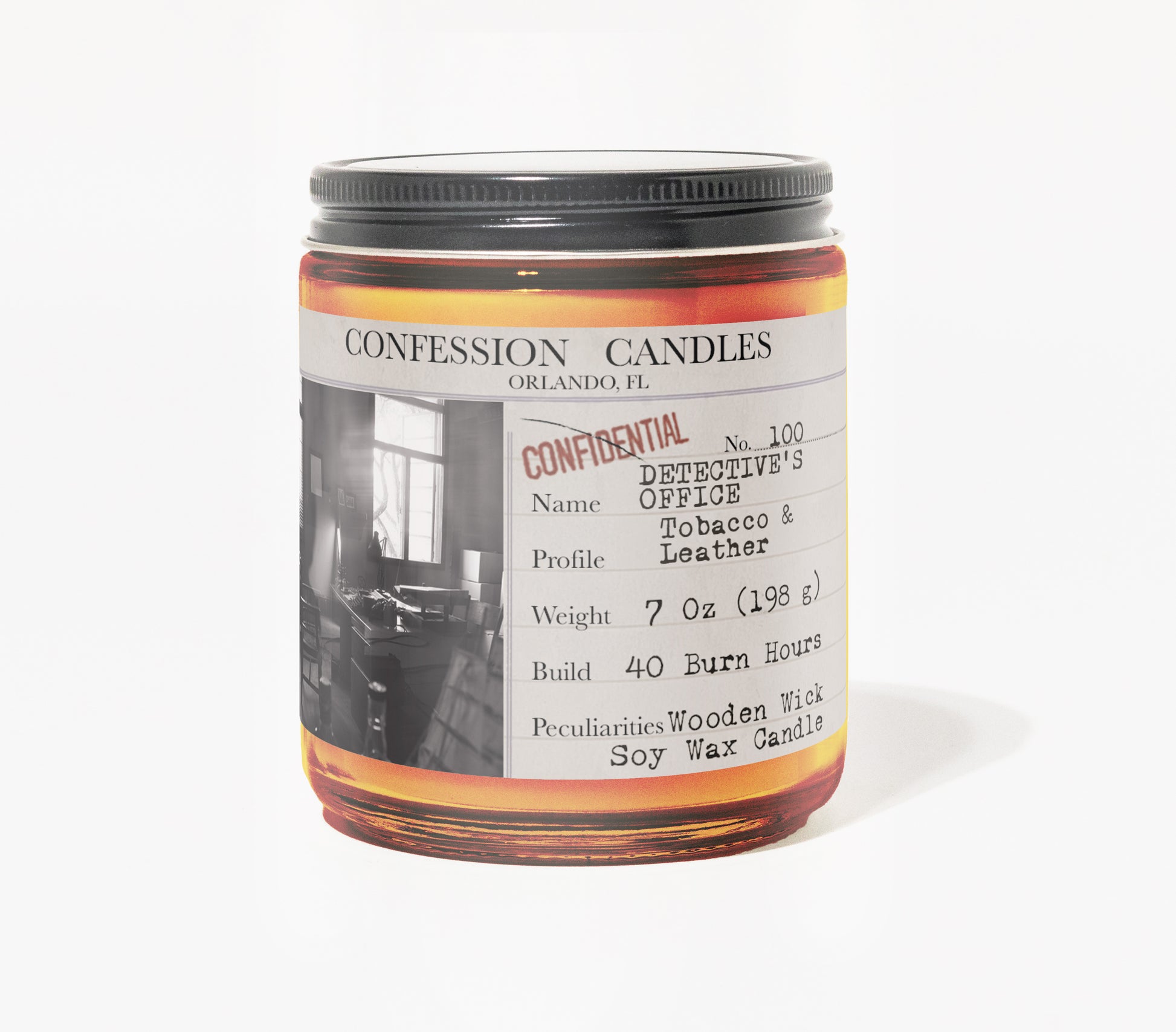 Detective's Office Candle Jar # 100 | Confession Candles 7 oz Soy Wax Blend Candle | Tobacco and Leather | True Crime Wood Wick Candle in a Brown Glass Jar | 40+ Burn Hours