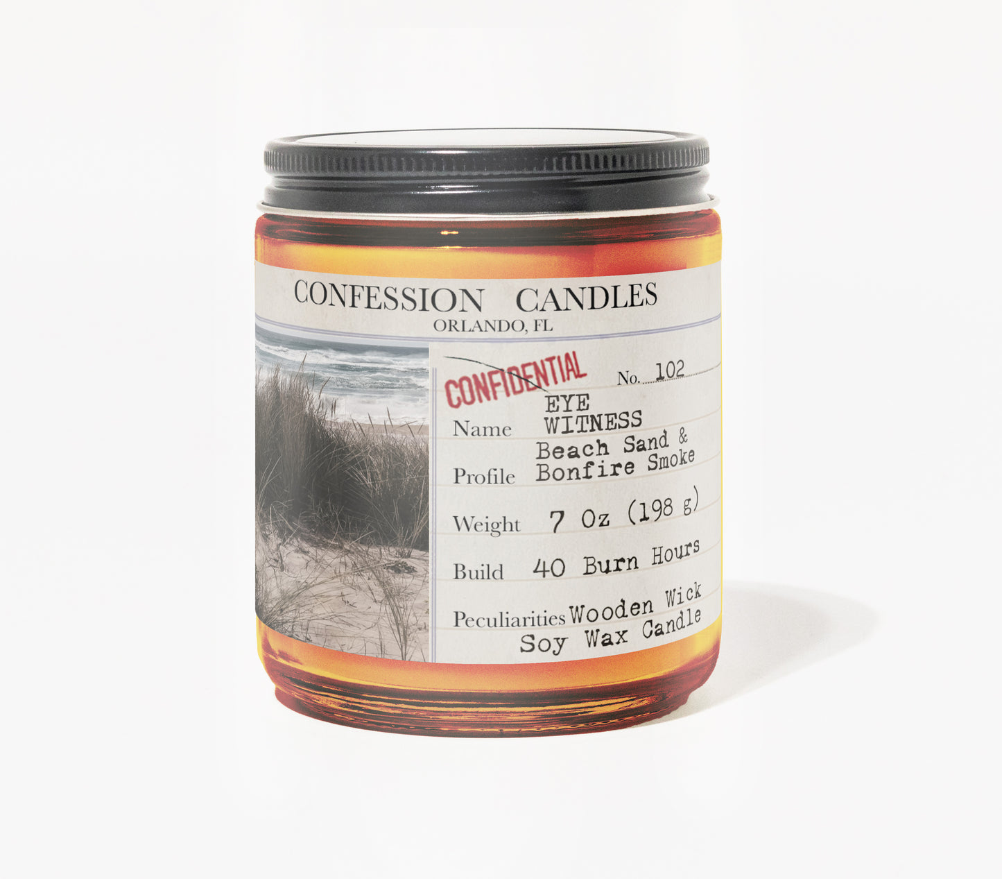 Eye Witness Candle Jar # 102 | Confession Candles 7 oz Soy Wax Blend Candle | Beach Sand and Bonfire Smoke | True Crime Wood Wick Candle in a Brown Glass Jar | 40+ Burn Hours