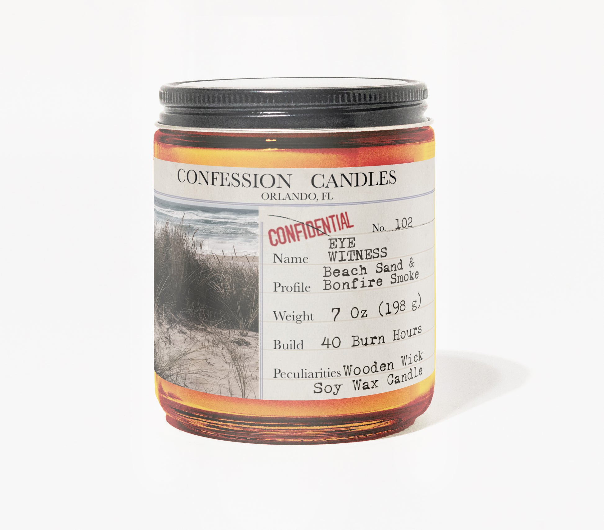 Eye Witness Candle Jar # 102 | Confession Candles 7 oz Soy Wax Blend Candle | Beach Sand and Bonfire Smoke | True Crime Wood Wick Candle in a Brown Glass Jar | 40+ Burn Hours