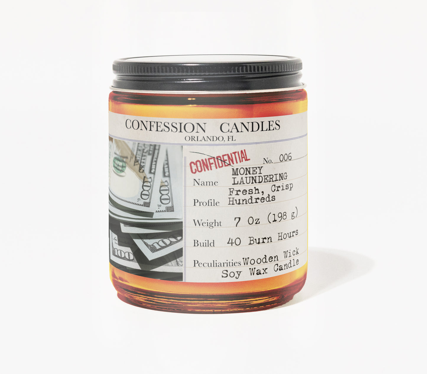 Money Laundering Candle Jar #006 | Confession Candles 7 oz Soy Wax Blend Candle | Fresh, Crisp Hundreds | True Crime Wood Wick Candle in a Brown Glass Jar | 40+ Burn Hours