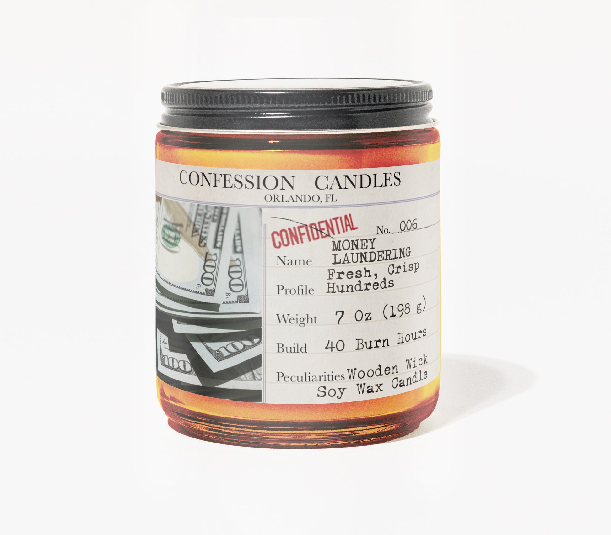 Money Laundering Candle Jar #006 | Confession Candles 7 oz Soy Wax Blend Candle | Fresh, Crisp Hundreds | True Crime Wood Wick Candle in a Brown Glass Jar | 40+ Burn Hours