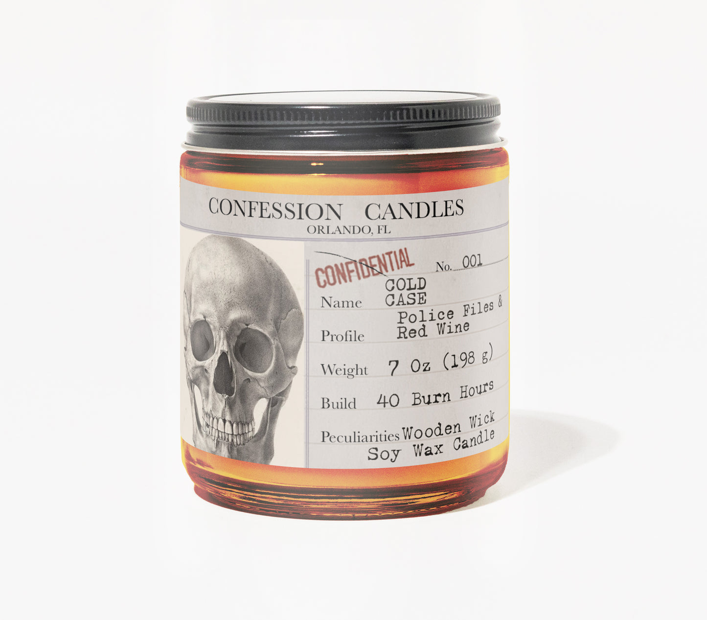 Cold Case Candle Jar #001 | Confession Candles 7 oz Soy Wax Blend Candle | Police Files and Red Wine | True Crime Wood Wick Candle in a Brown Glass Jar | 40+ Burn Hours
