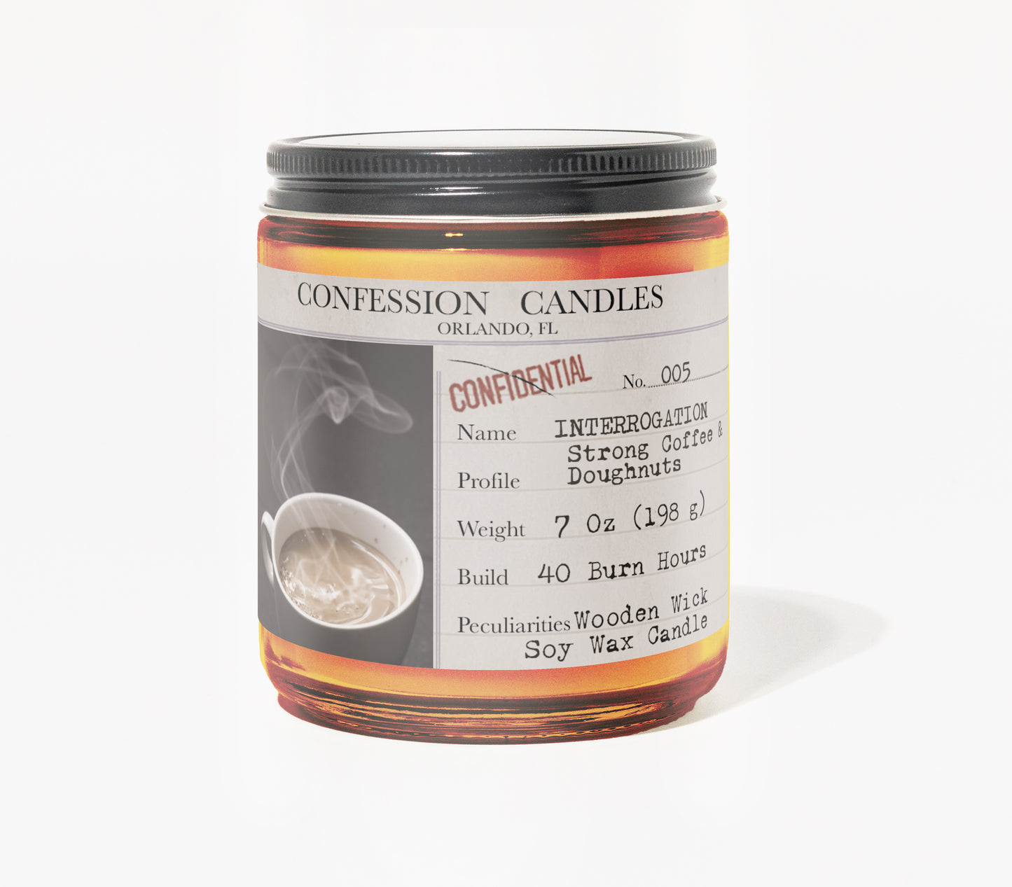 Interrogation Candle Jar #005 | Confession Candles 7 oz Soy Wax Blend Candle | Strong Coffee and Doughnuts | True Crime Wood Wick Candle in a Brown Glass Jar | 40+ Burn Hours