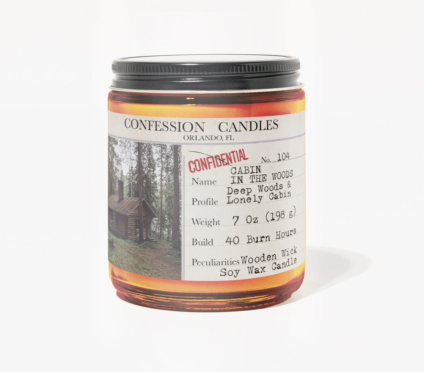 Cabin in the Woods Candle Jar # 104 | Confession Candles 7 oz Soy Wax Blend Candle | Deep Woods and Lonely Cabin | True Crime Wood Wick Candle in a Brown Glass Jar | 40+ Burn Hours