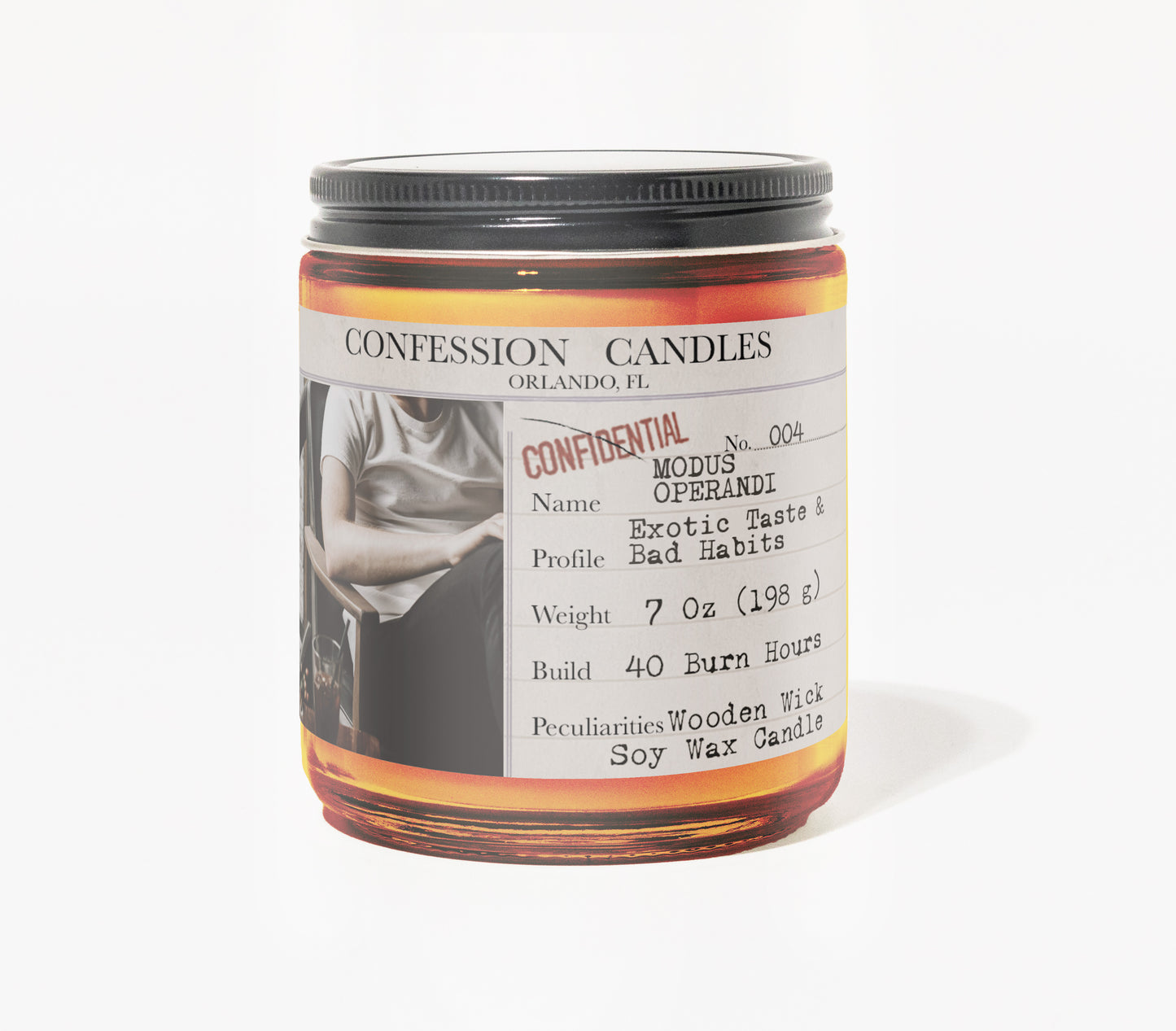 Modus Operandi Candle #004 | Exotic Taste & Bad Habits | 7 oz Scented Soy Wax Blend Brown Glass Candle | 40 Burn Hours | 40+ Burn Hours