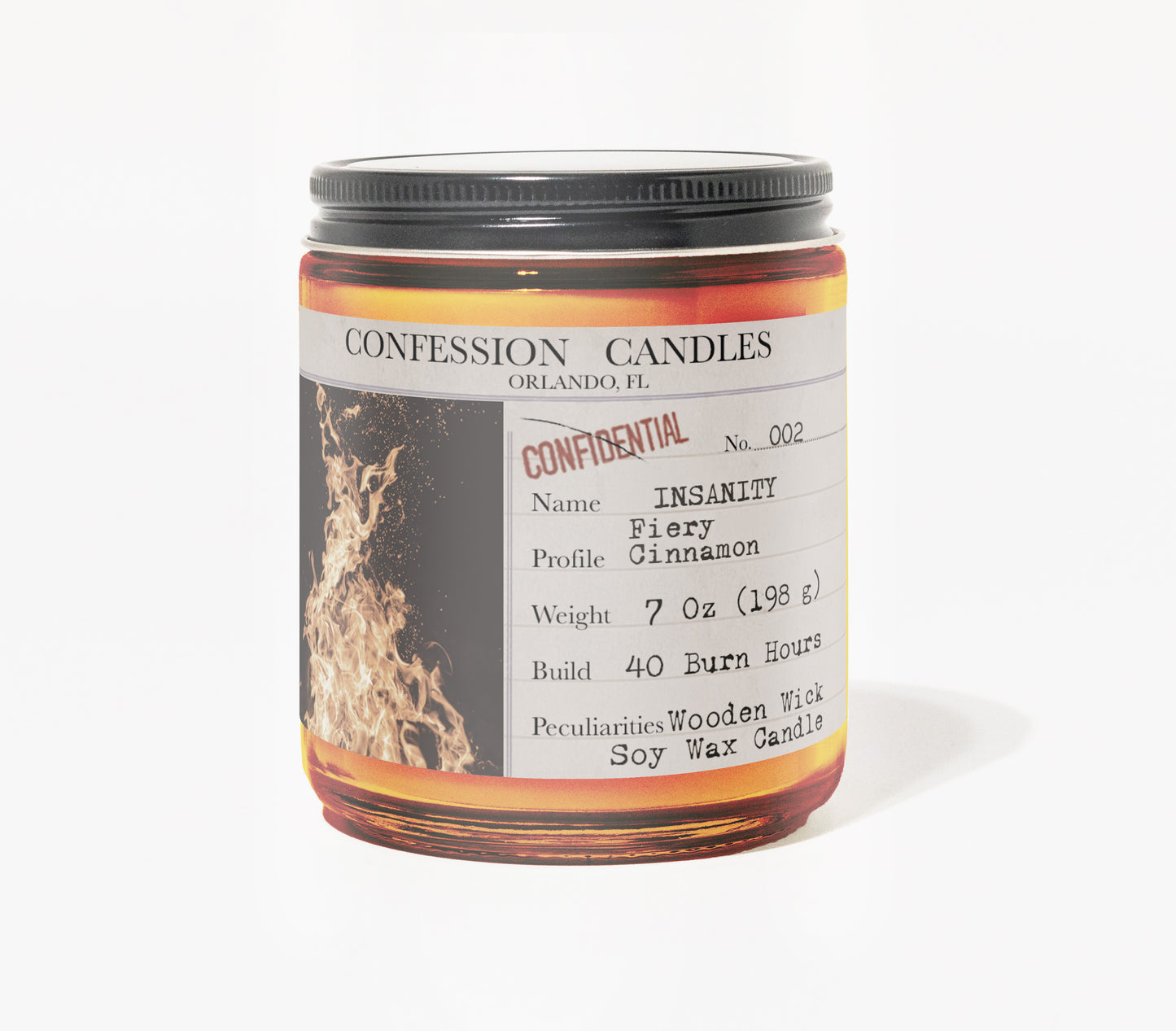 Insanity Candle Jar 002 | Confession Candles 7 oz Soy Wax Blend Candle | Fiery Cinnamon | True Crime Wood Wick Candle in a Brown Glass Jar | 40+ Burn Hours